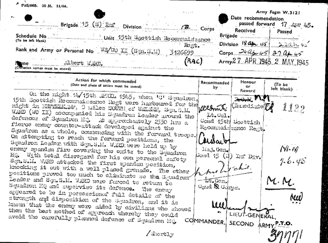 Nettelkamp photos: 15th Scottish Reconnaissance Regt MM for April 1945 Nettelkamp - Sgt Major Ward, Part 1