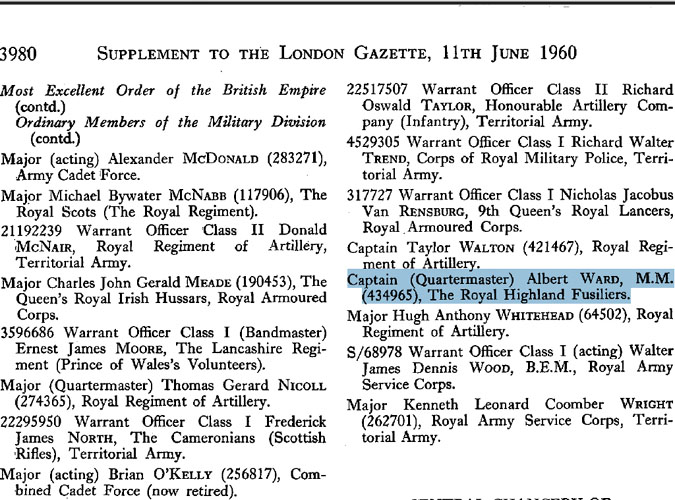 London Gazette 1960 army MBE list - Captain Quartermaster Albert Ward MM (434965), The Royal Highland Fusiliers