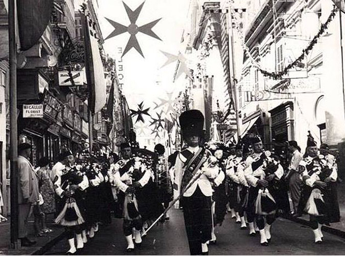 Royal Highland Fusiliers marching thre Malta, 1962