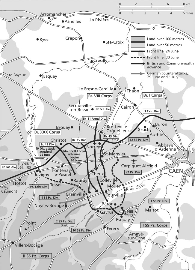 WW2 British advance: France, Arromanches > Cheux > Bessin > Baron