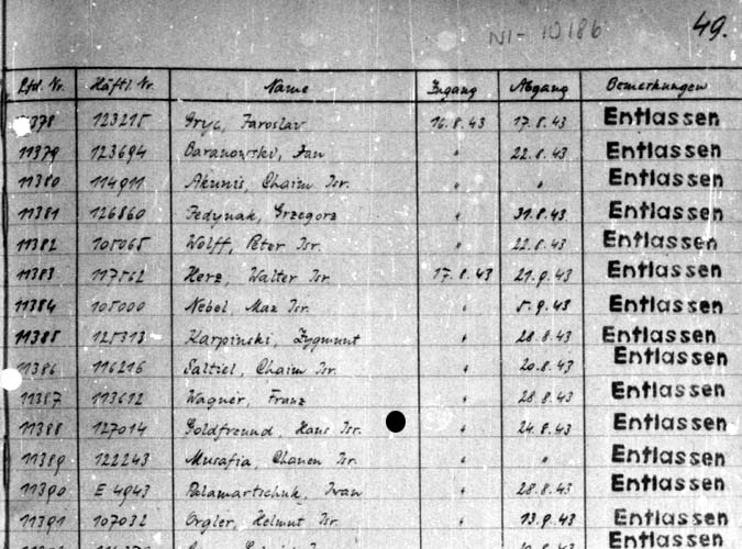 Auschwitz III Monowitz hospital register 1943, 17 Aug: Hans Goldfreund