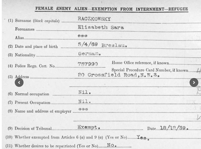 Elisabeth Hersch Raczkowsky Nazis refugee card