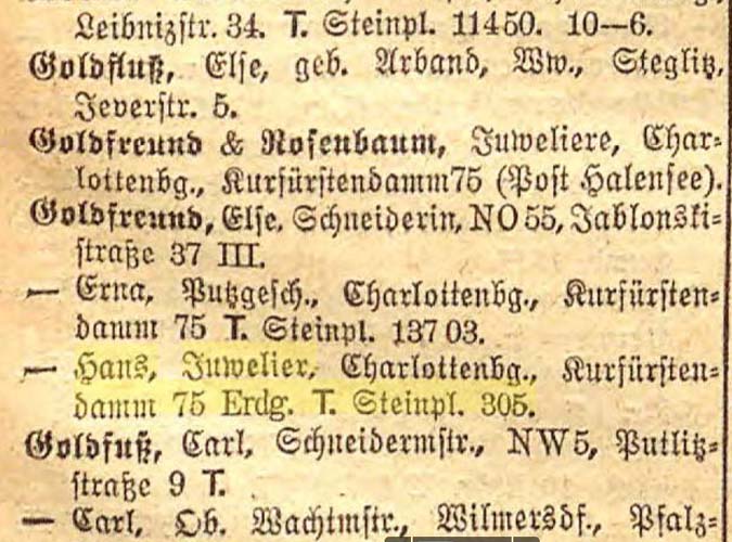 Hans Goldfreund  - 1925 Berlin address