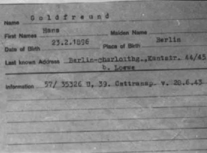Hans Goldfreund Deportation card