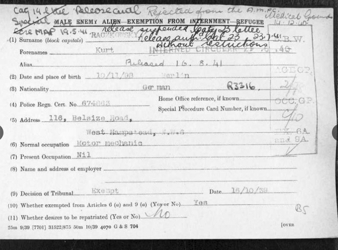 Kurt Raczkowsky son of Elisabeth Raczkowsky nee Hersch, Nazis refugee card
