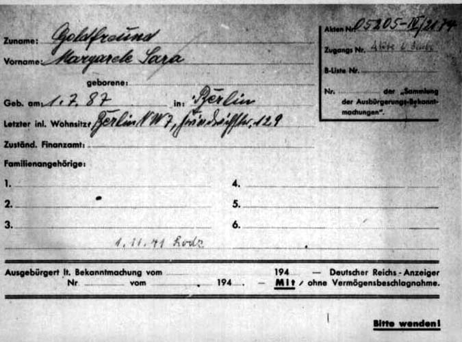Margarete Goldfreund deported to lodz 1941, 1 November