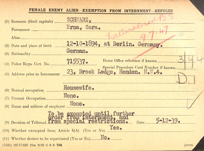 WWII Alien internees UK - December 1939 Erna Goldfreund Schwarz