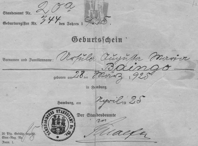 Ursula Augusta Maria Baingo geburtschein